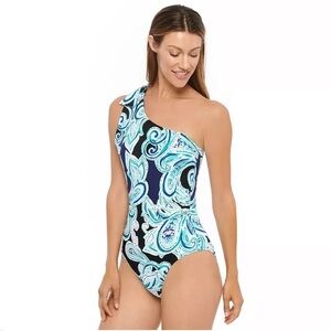 Swim Solution One Shoulder Navy Paisley One Piece Swimsuit Tummy Enhancer